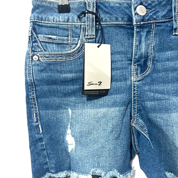 7 For All Mankind Blue Distressed mid rise stretch Jean Shorts 4 - Picture 2 of 9